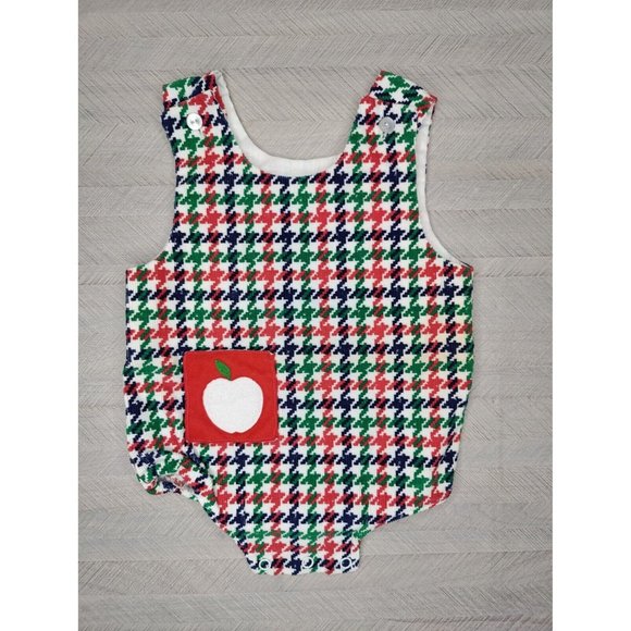 Vintage Bubble Romper Houndstooth Plaid Apple Applique Red Green Blue Boy Girl - Picture 5 of 7
